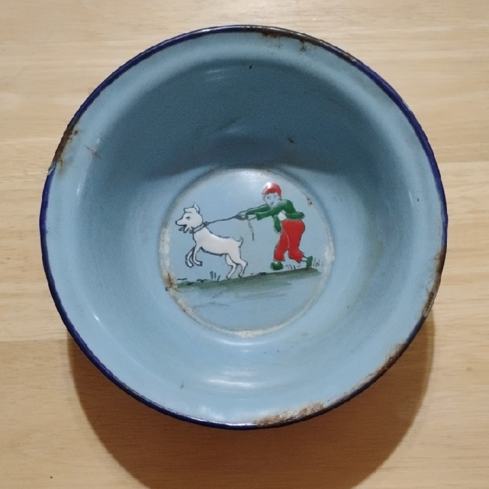 Vintage Blue Enamel Bowl and Saucer